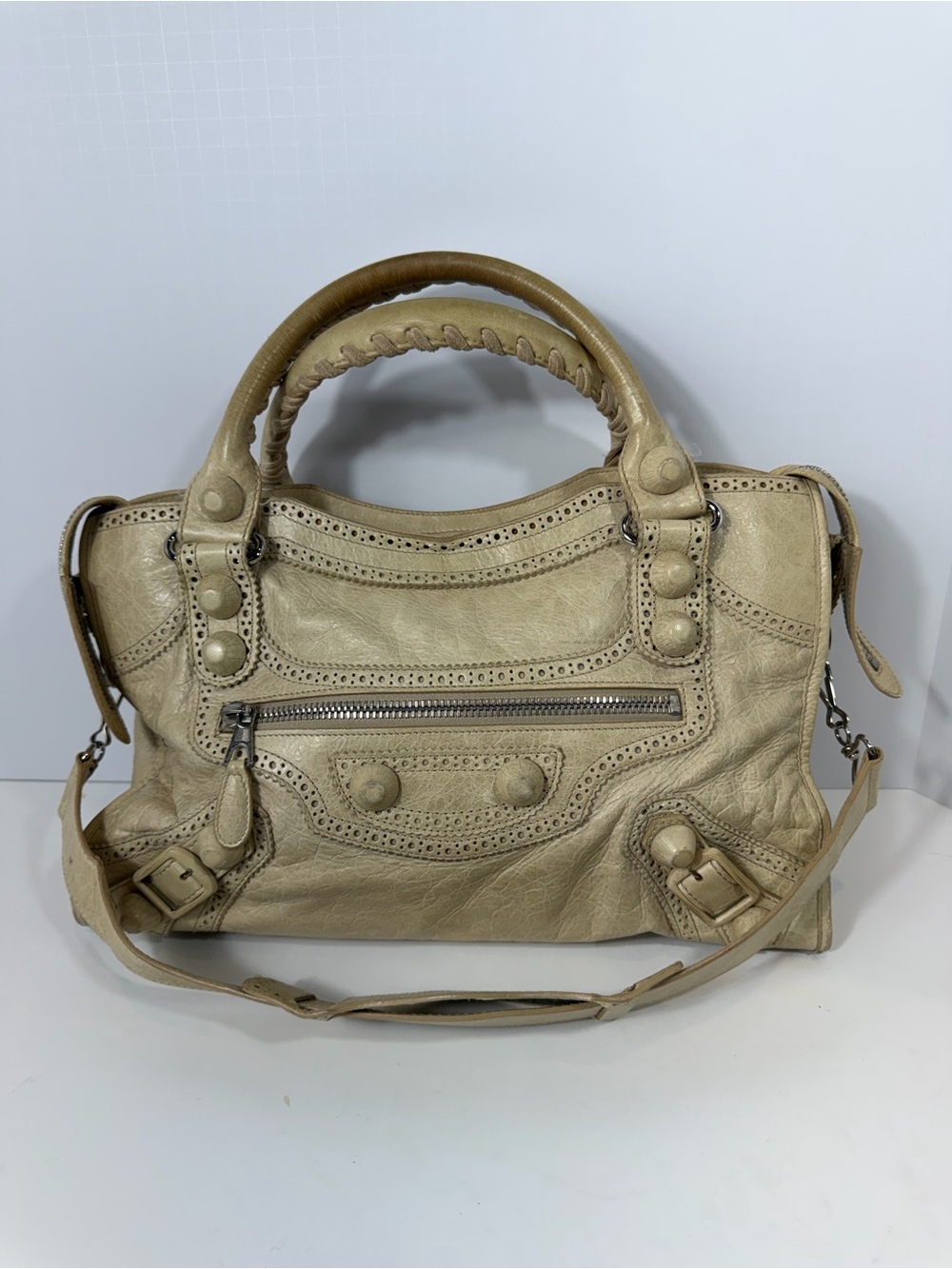 Balenciaga City Motorcycle Bag Beige Leather Studded Crossbody Authentic